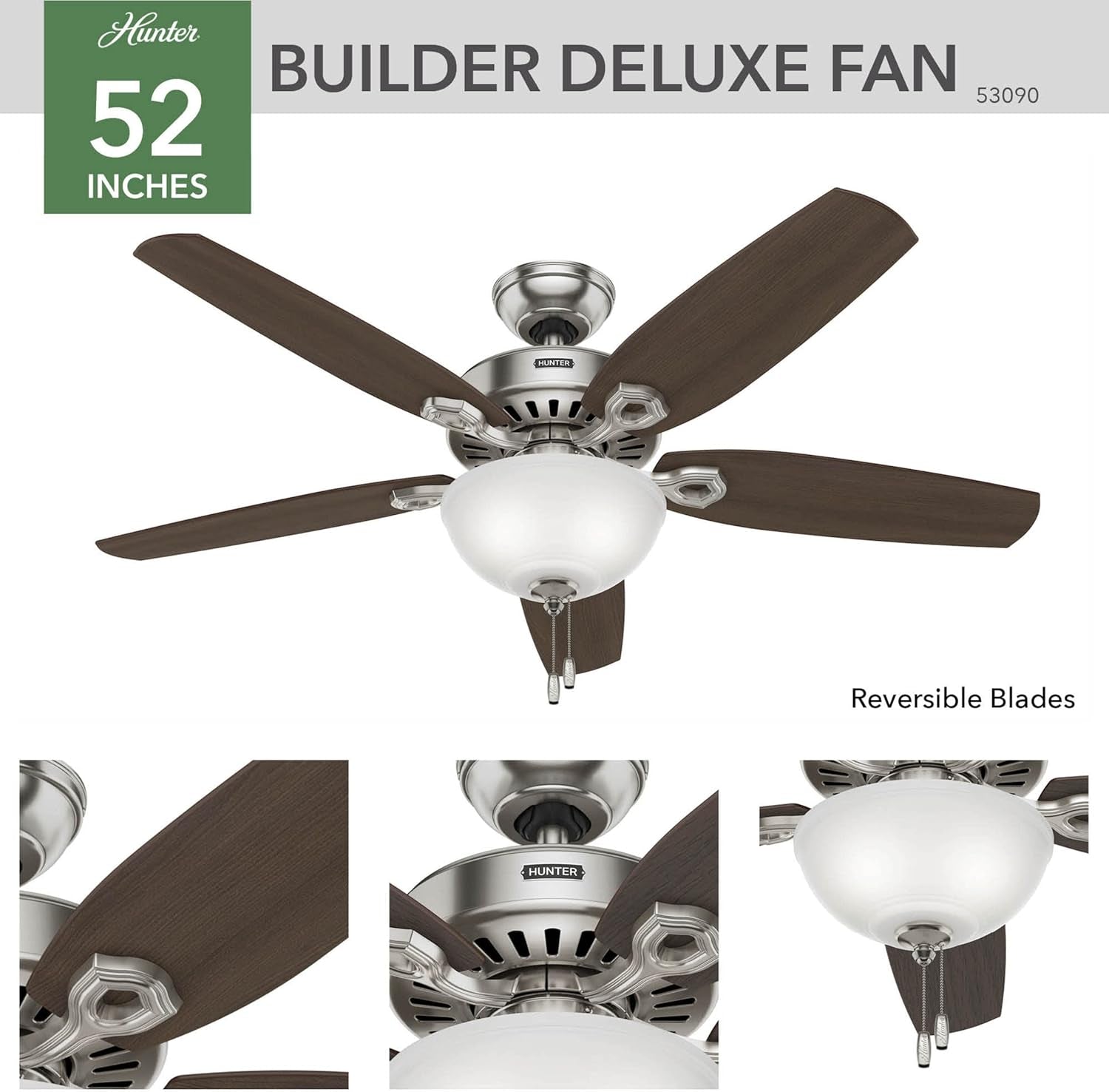 Fan Company 53090 Builder Deluxe Indoor Ceiling Fan with LED Light and Pull Chain Control, 52", Brushed Nickel Finish